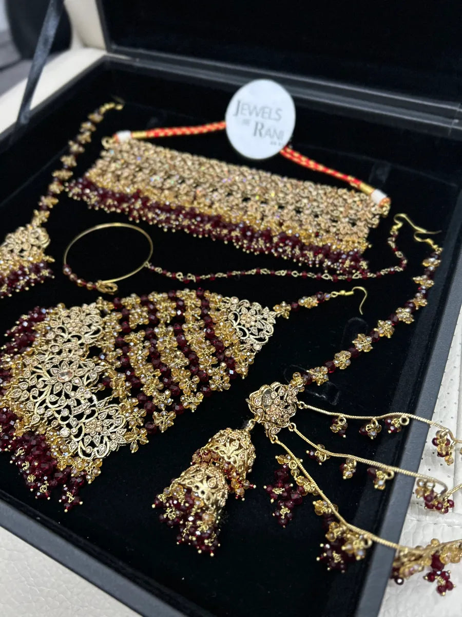 Trending Pakistani Choker Maroon Full Bridal Jewellery Set/ Style 95 - Jewelsbyrani