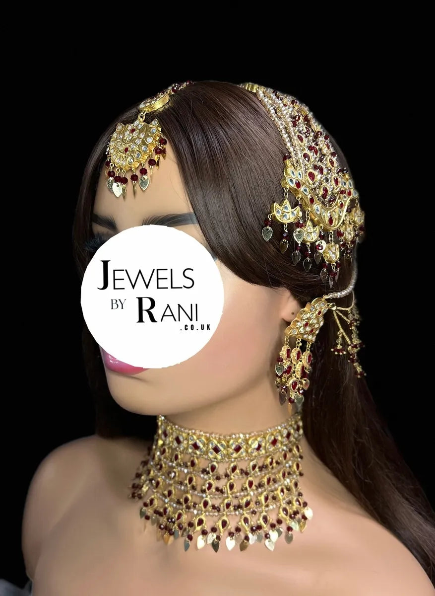 24 crt Gold Plated - Beautiful Maroon Pakistani Bridal Jewellery Set - Jewelsbyrani