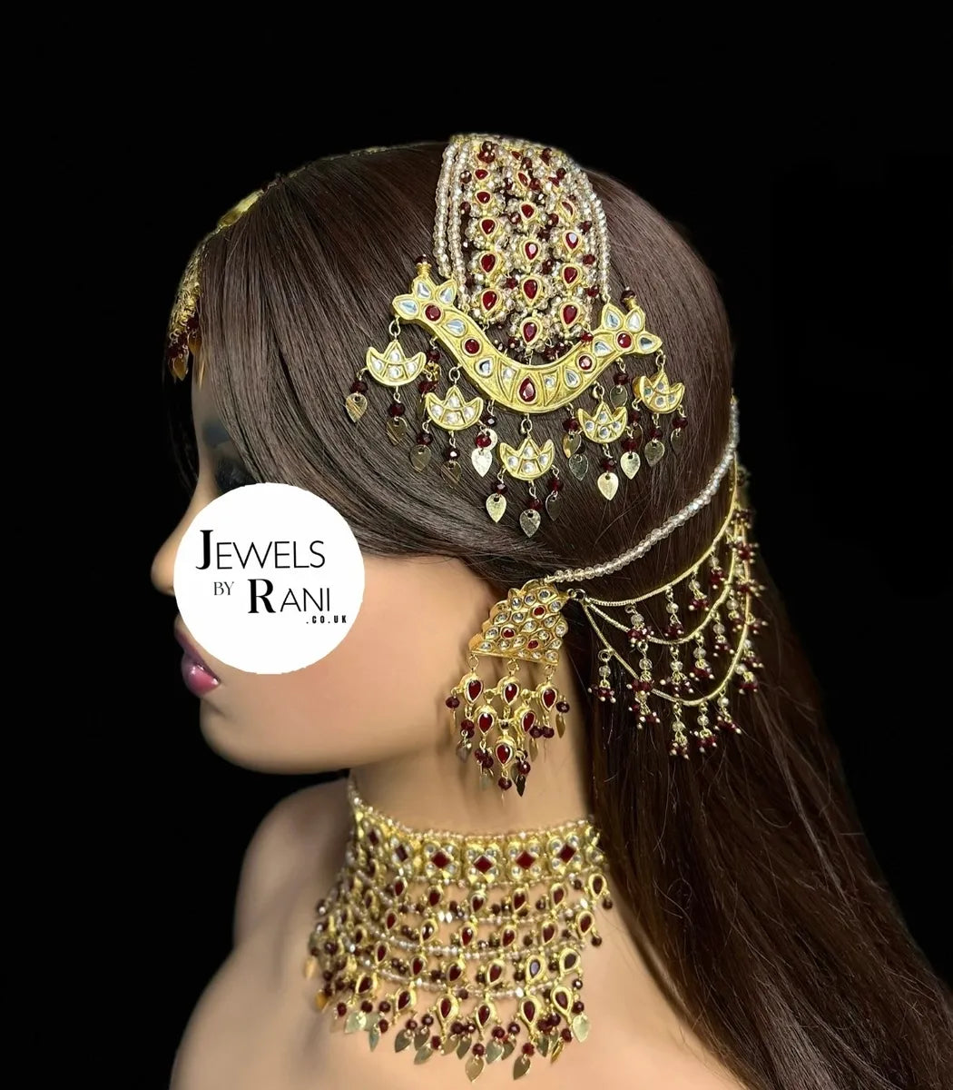 24 crt Gold Plated - Beautiful Maroon Pakistani Bridal Jewellery Set - Jewelsbyrani
