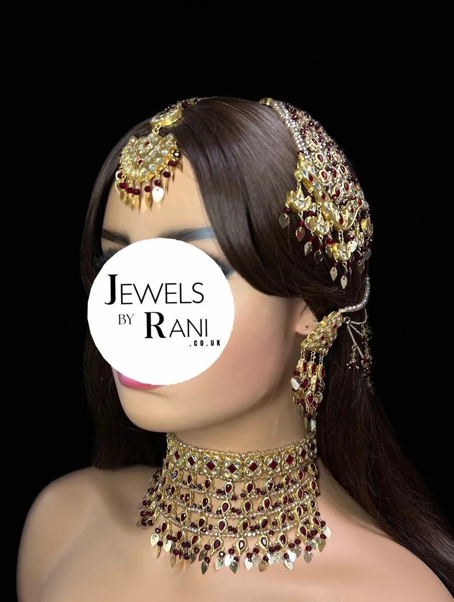 24 crt Gold Plated - Kundan Maroon & Gold Bridal Jewellery Set