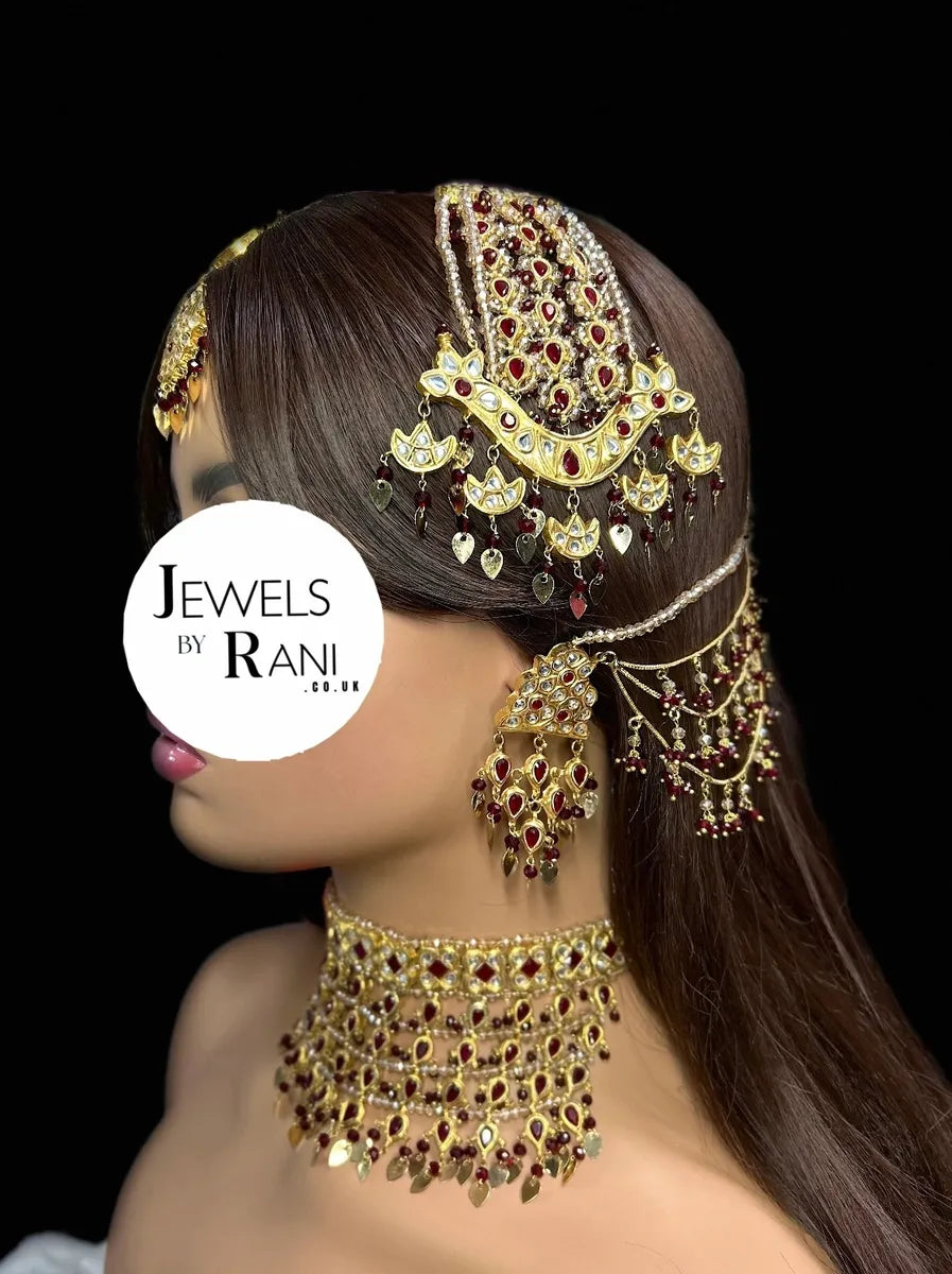 24 crt Gold Plated - Kundan Maroon & Gold Bridal Jewellery Set