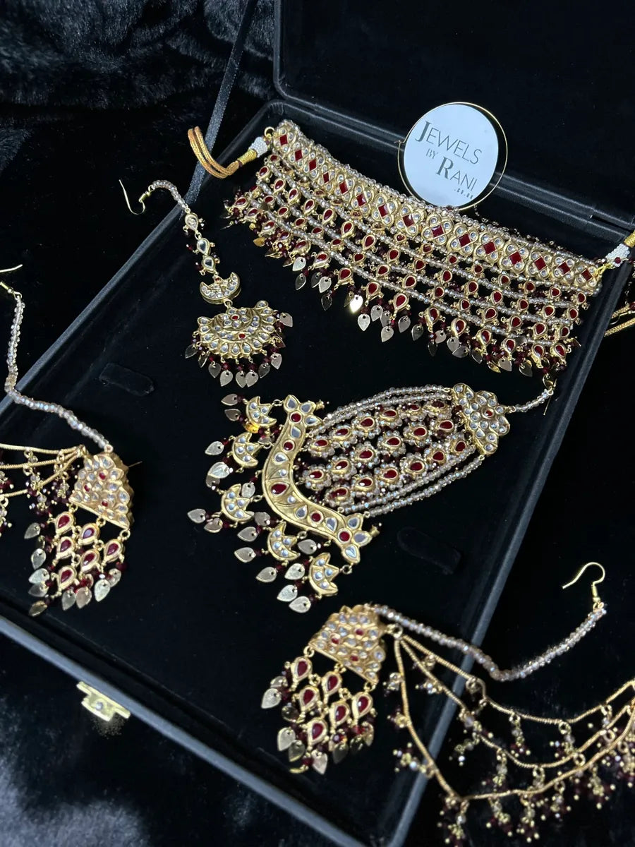 24 crt Gold Plated - Kundan Maroon & Gold Bridal Jewellery Set