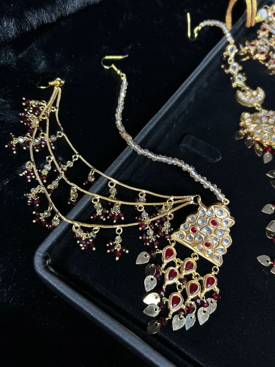 24 crt Gold Plated - Kundan Maroon & Gold Bridal Jewellery Set