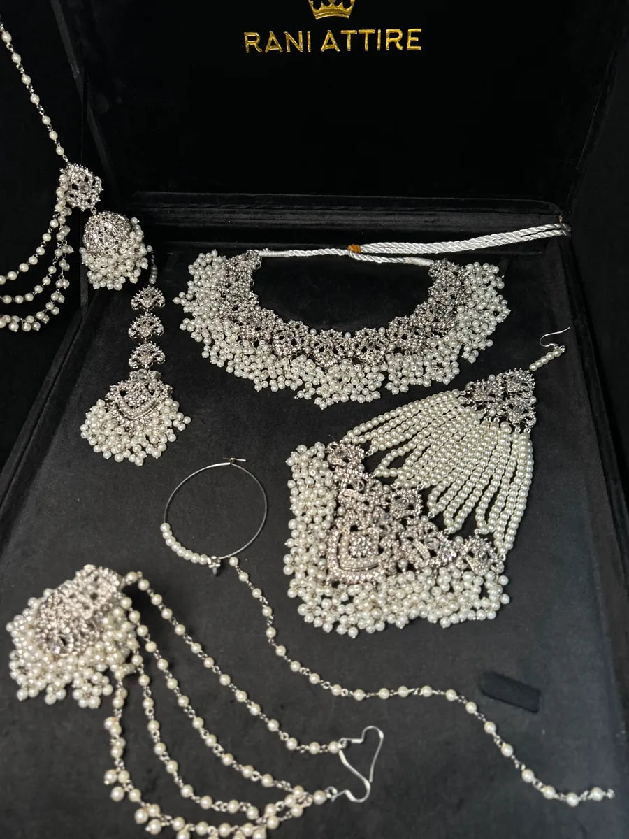 White Pearl necklace set, with heavily beaded jhumkies & tikka