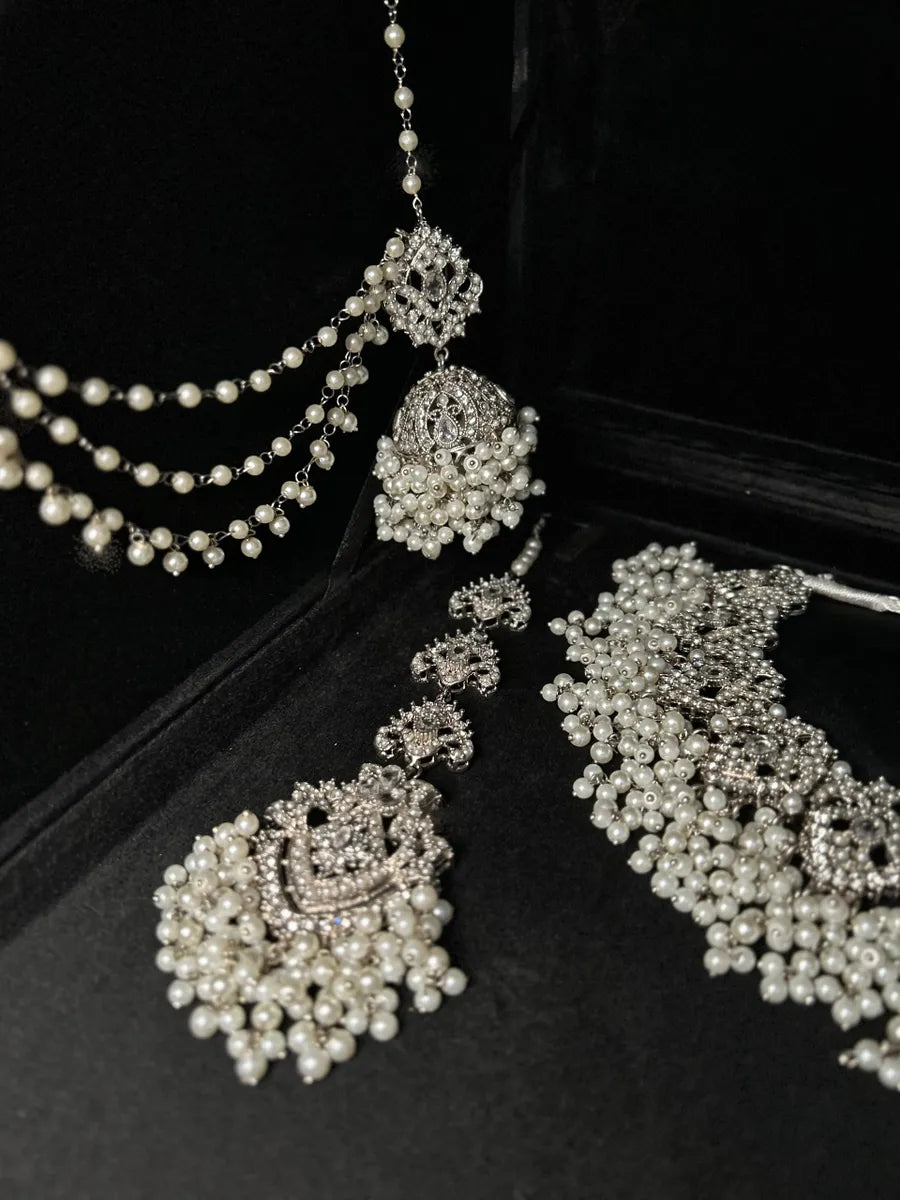 White Pearl necklace set, with heavily beaded jhumkies & tikka