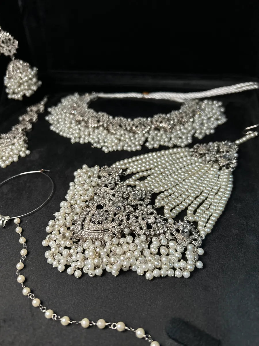 White Pearl necklace set, with heavily beaded jhumkies & tikka - Jewelsbyrani