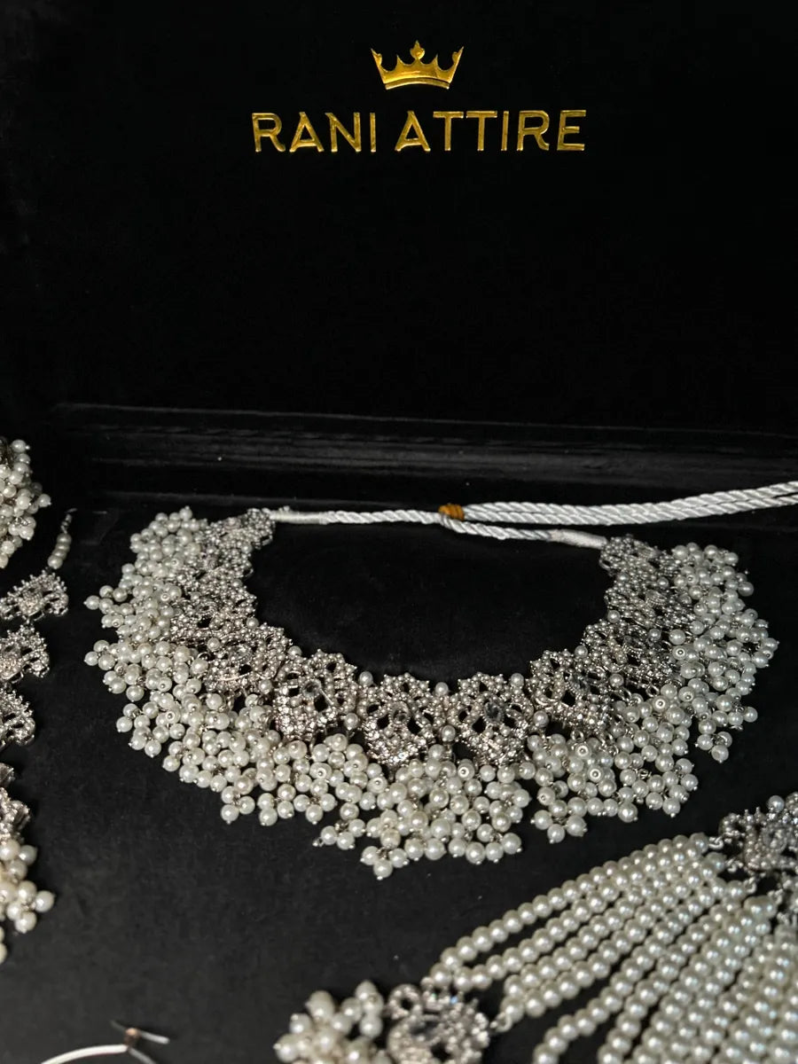 White Pearl necklace set, with heavily beaded jhumkies & tikka