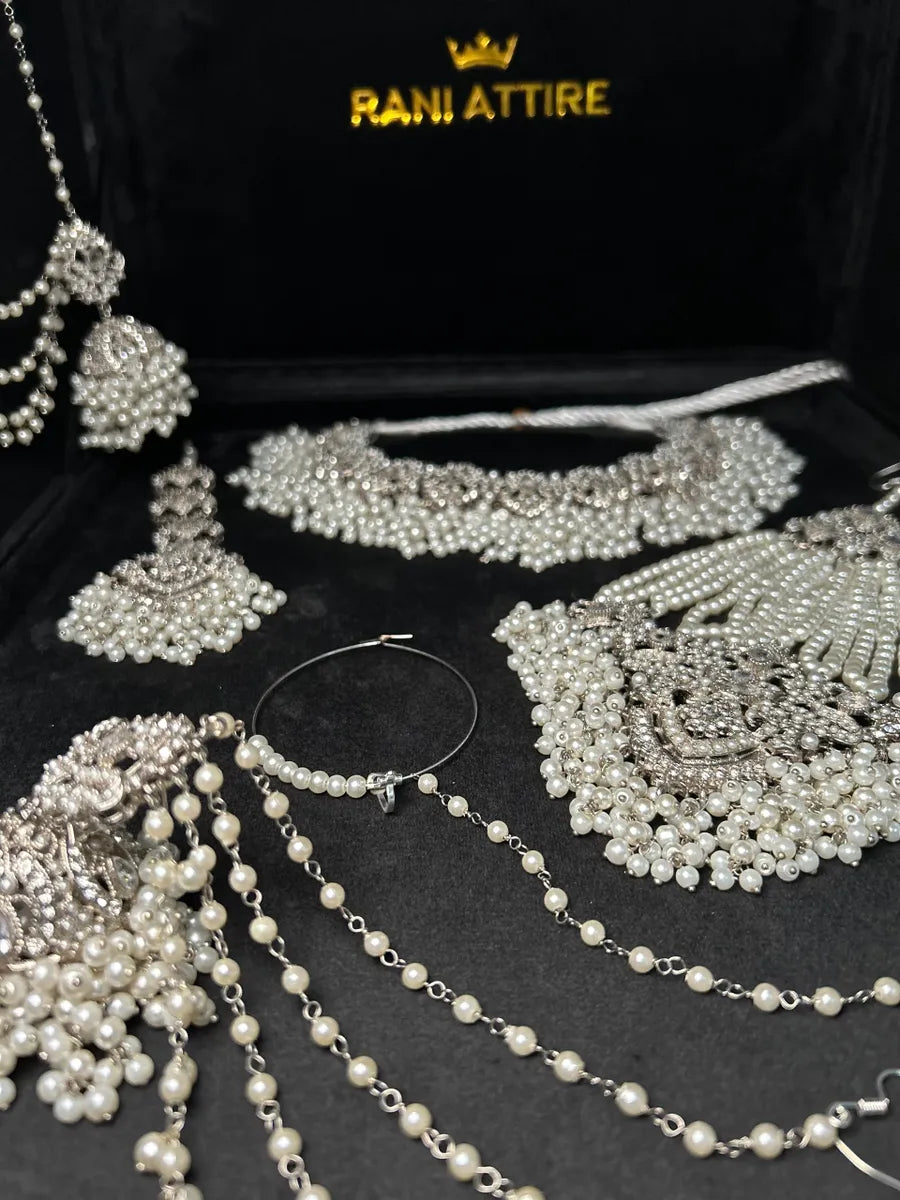 White Pearl necklace set, with heavily beaded jhumkies & tikka