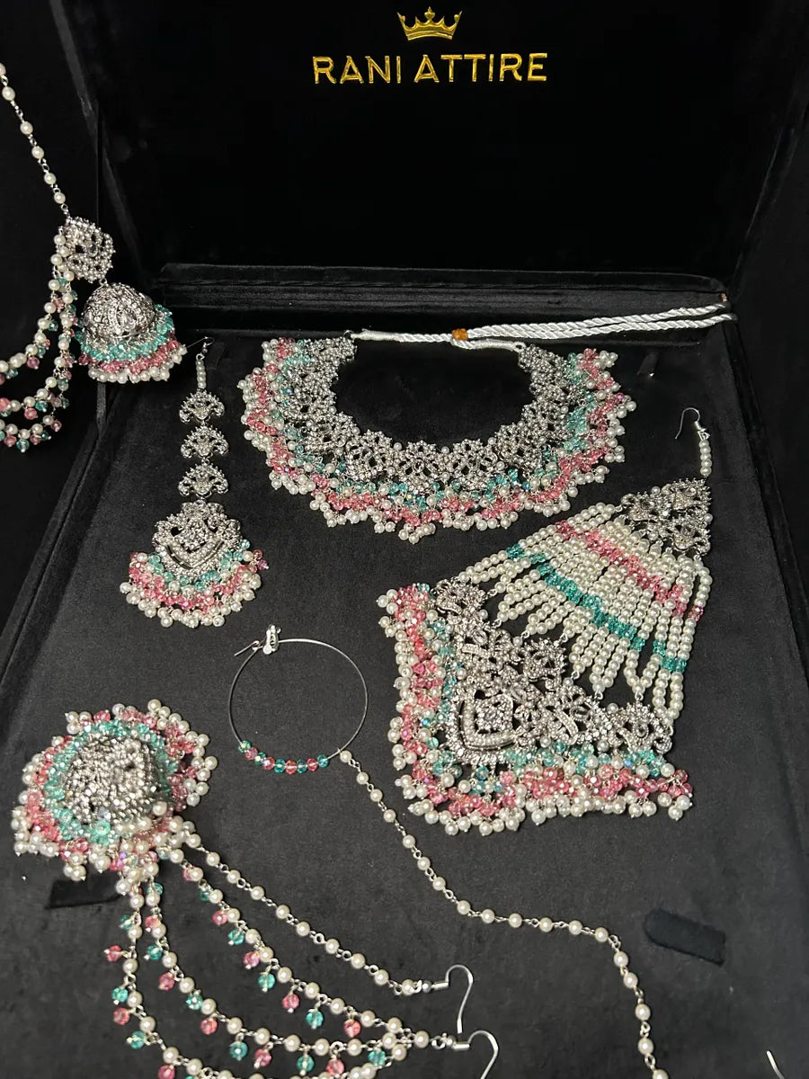 Pink, Blue & White Pearl necklace set, with heavily beaded jhumkies & tikka - Jewelsbyrani