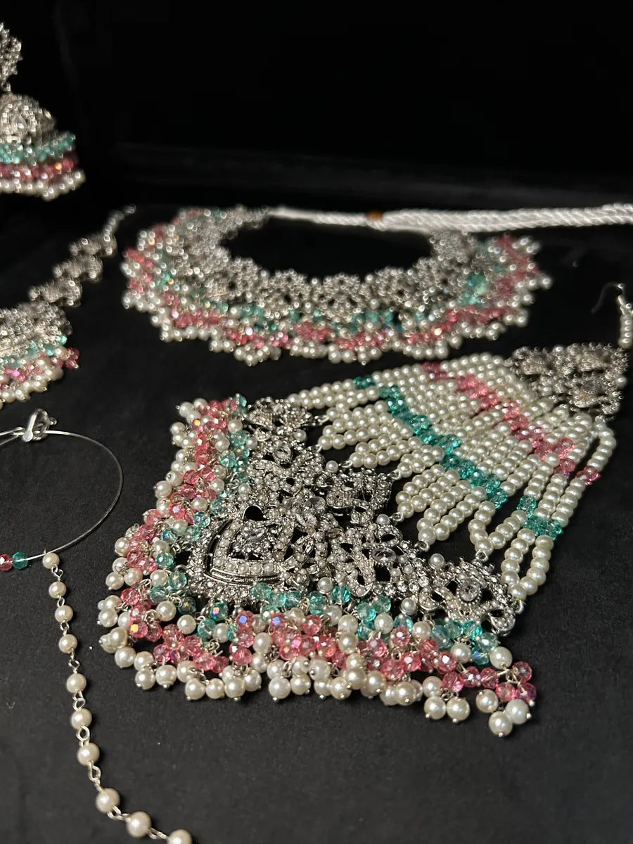 Pink, Blue & White Pearl necklace set, with heavily beaded jhumkies & tikka