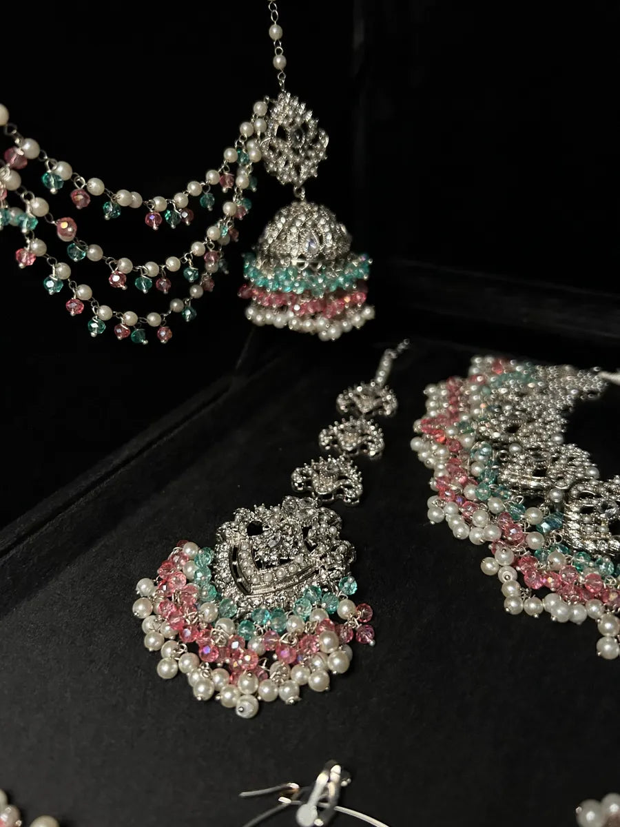 Pink, Blue & White Pearl necklace set, with heavily beaded jhumkies & tikka - Jewelsbyrani