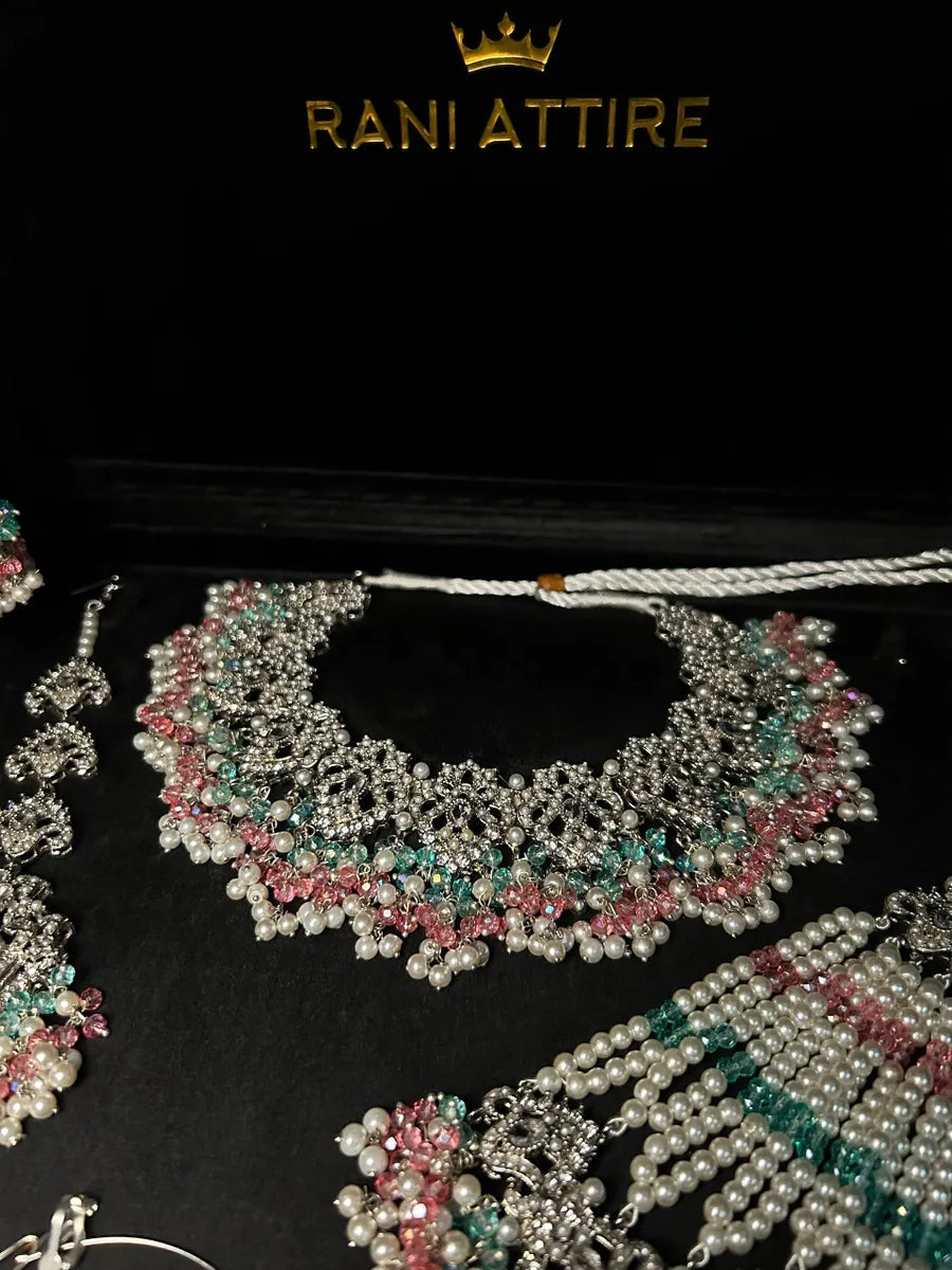 Pink, Blue & White Pearl necklace set, with heavily beaded jhumkies & tikka