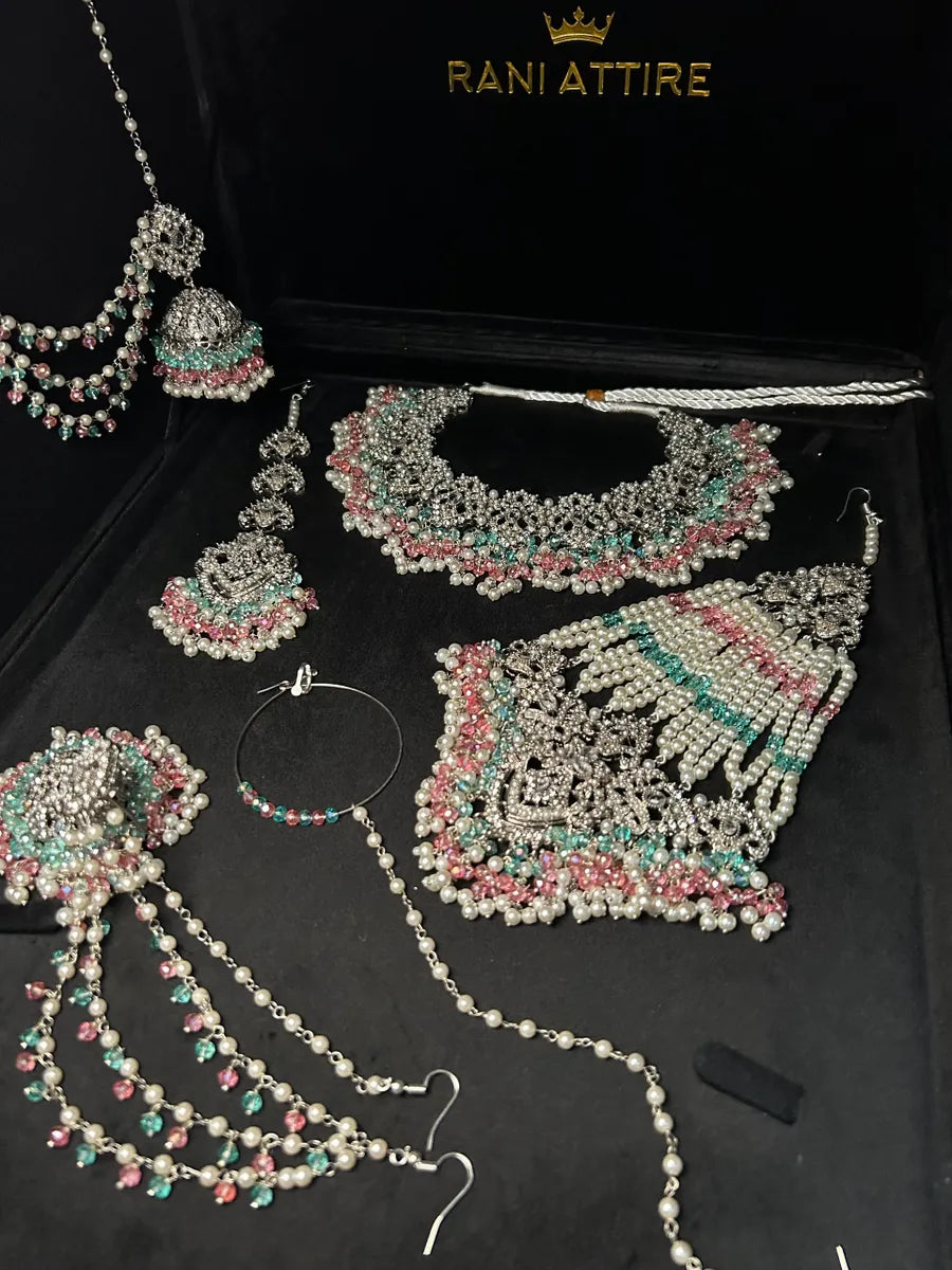 Pink, Blue & White Pearl necklace set, with heavily beaded jhumkies & tikka