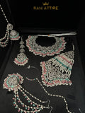 Pink, Blue & White Pearl necklace set, with heavily beaded jhumkies & tikka - Jewelsbyrani