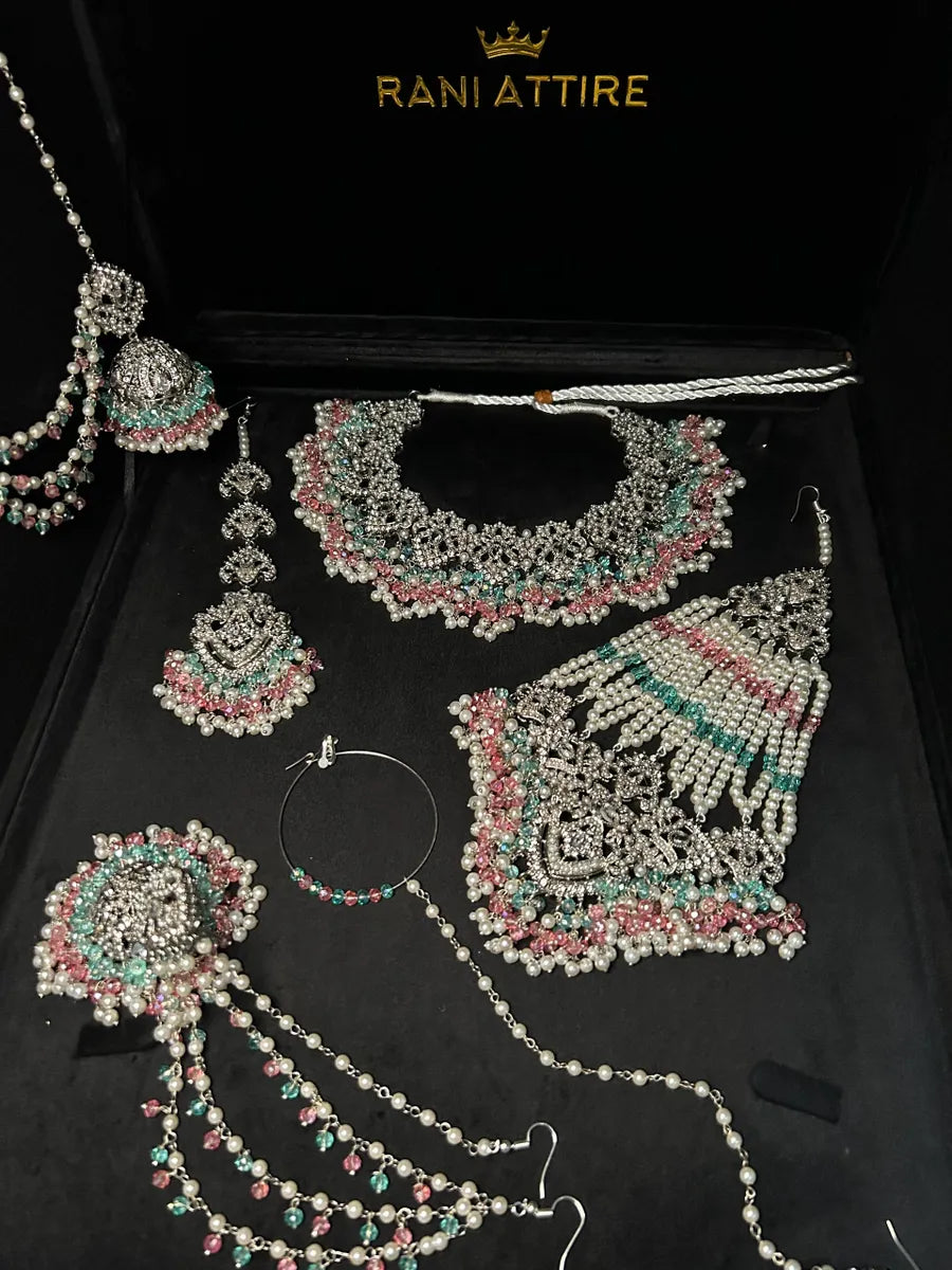 Pink, Blue & White Pearl necklace set, with heavily beaded jhumkies & tikka