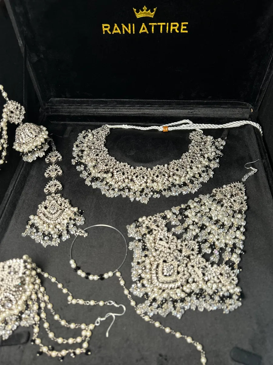 Back & White Pearl necklace set, with heavily beaded jhumkies & tikka - Jewelsbyrani
