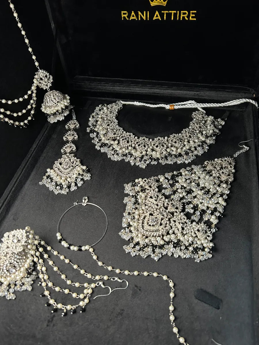 Back & White Pearl necklace set, with heavily beaded jhumkies & tikka - Jewelsbyrani