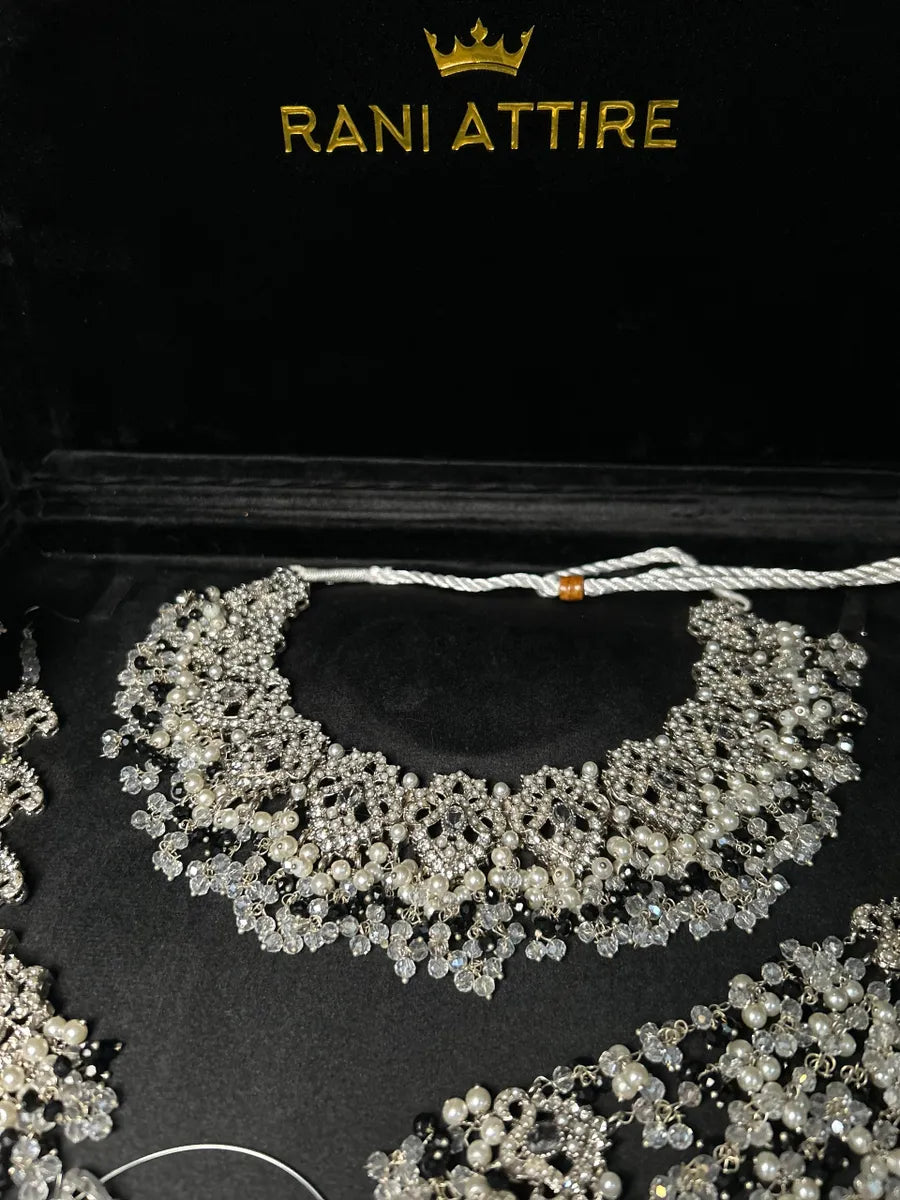 Back & White Pearl necklace set, with heavily beaded jhumkies & tikka - Jewelsbyrani