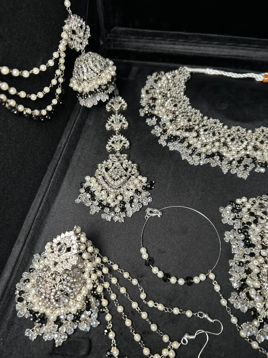 Back & White Pearl necklace set, with heavily beaded jhumkies & tikka - Jewelsbyrani