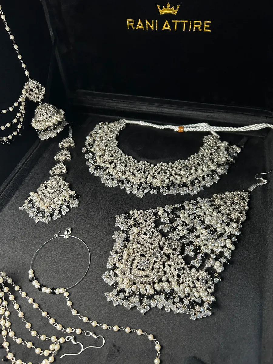 Back & White Pearl necklace set, with heavily beaded jhumkies & tikka - Jewelsbyrani