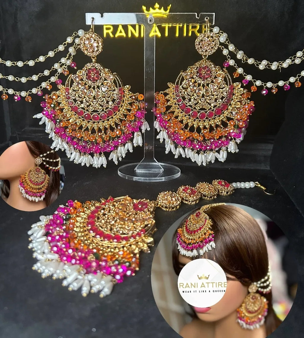 Multi Beautiful Chandelier Earrings & Tikka | Pink stones - Jewelsbyrani