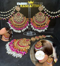 Multi Beautiful Chandelier Earrings & Tikka | Pink stones - Jewelsbyrani