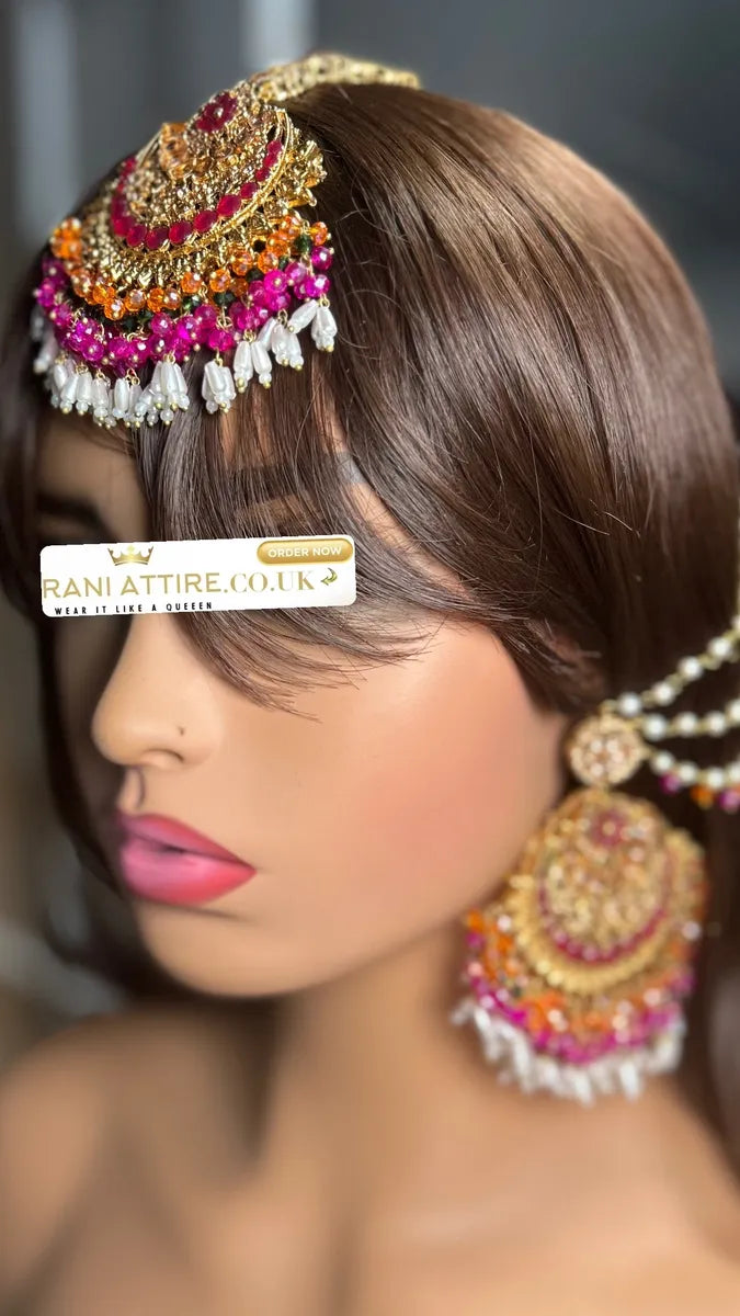 Multi Beautiful Chandelier Earrings & Tikka | Pink stones - Jewelsbyrani