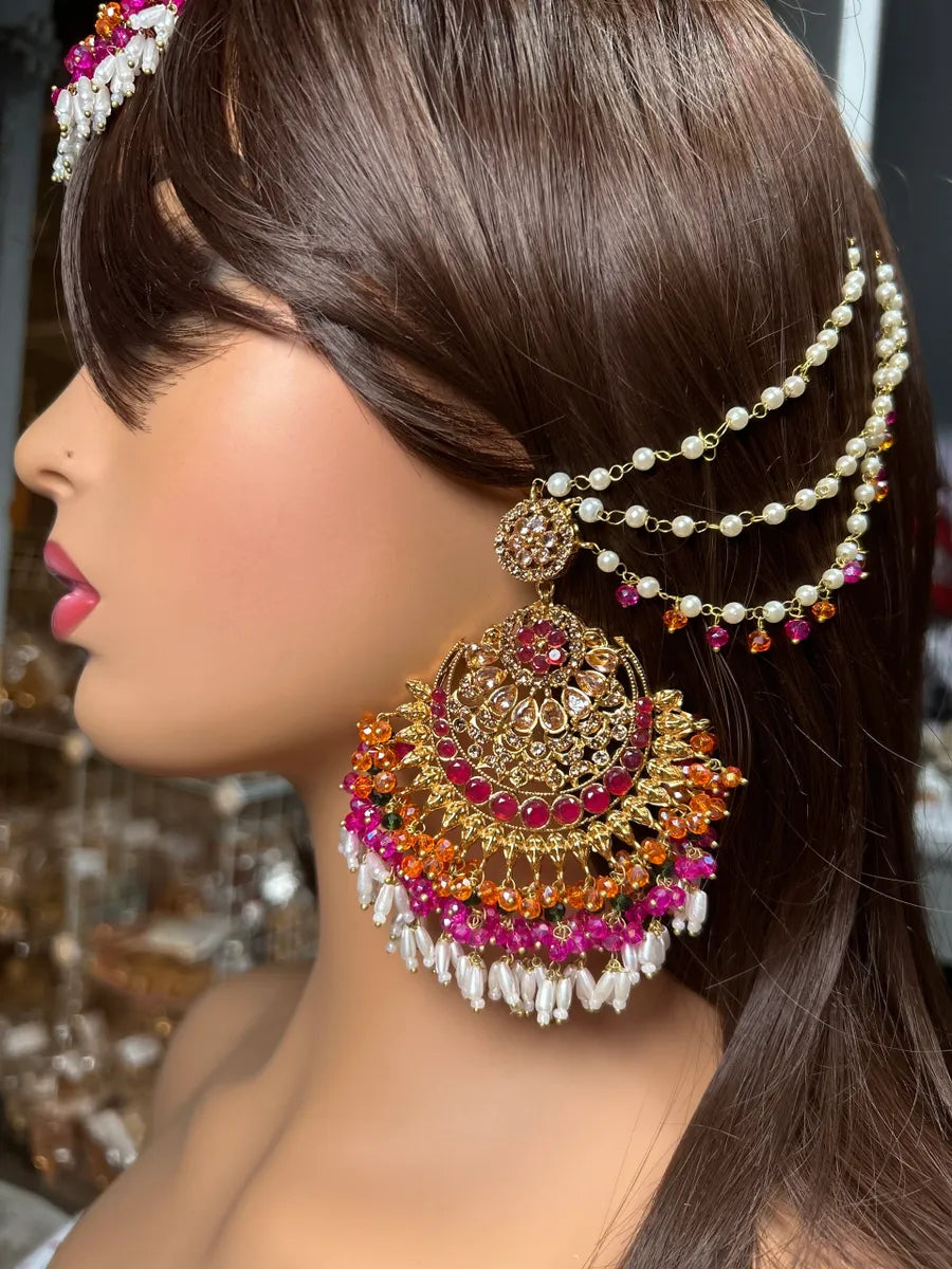 Multi Beautiful Chandelier Earrings & Tikka | Pink stones - Jewelsbyrani