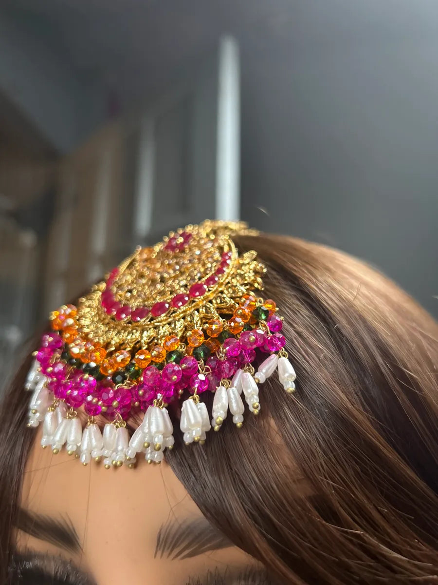 Multi Beautiful Chandelier Earrings & Tikka | Pink stones - Jewelsbyrani