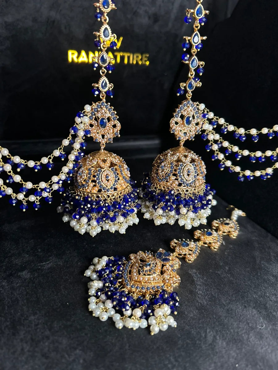 Royal Blue Multi Coloured Jhumkes & Tikka Set - Jewelsbyrani