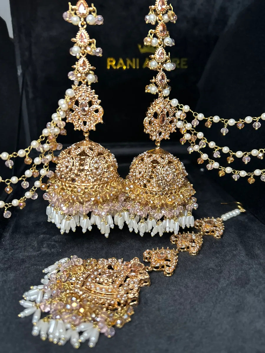 Beautiful Gold & Baby pink Jhumkies & Tikka Set With Beaded Saharas - Jewelsbyrani