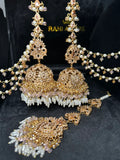 Beautiful Gold & Baby pink Jhumkies & Tikka Set With Beaded Saharas - Jewelsbyrani