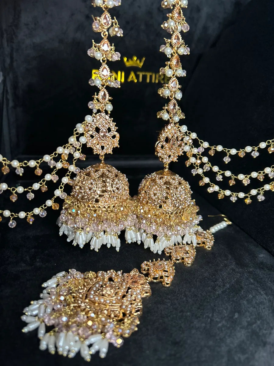 Beautiful Gold & Baby pink Jhumkies & Tikka Set With Beaded Saharas - Jewelsbyrani