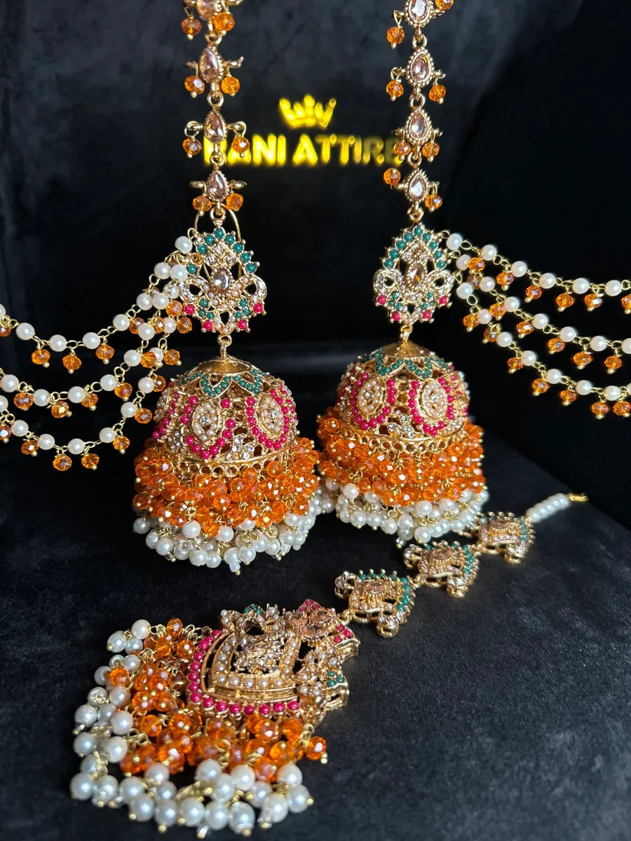Orange Jhumke & Tikka Set with Beaded Saharas.