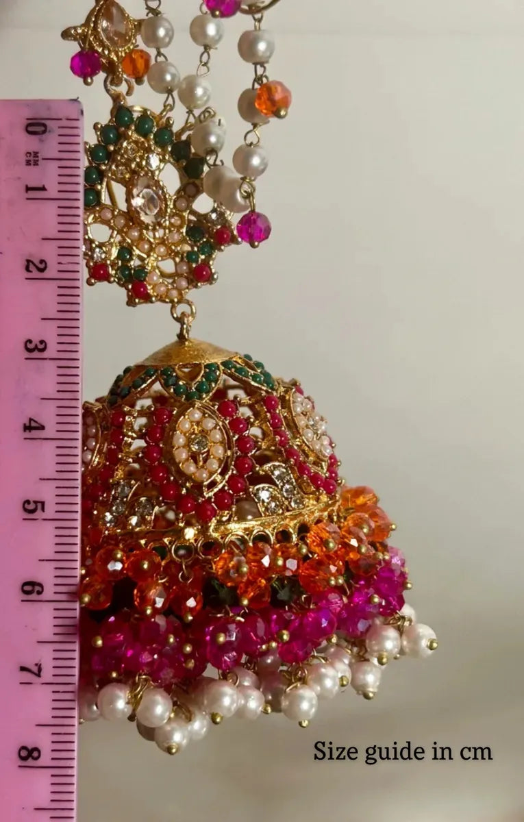 Orange Jhumke & Tikka Set with Beaded Saharas. - Jewelsbyrani