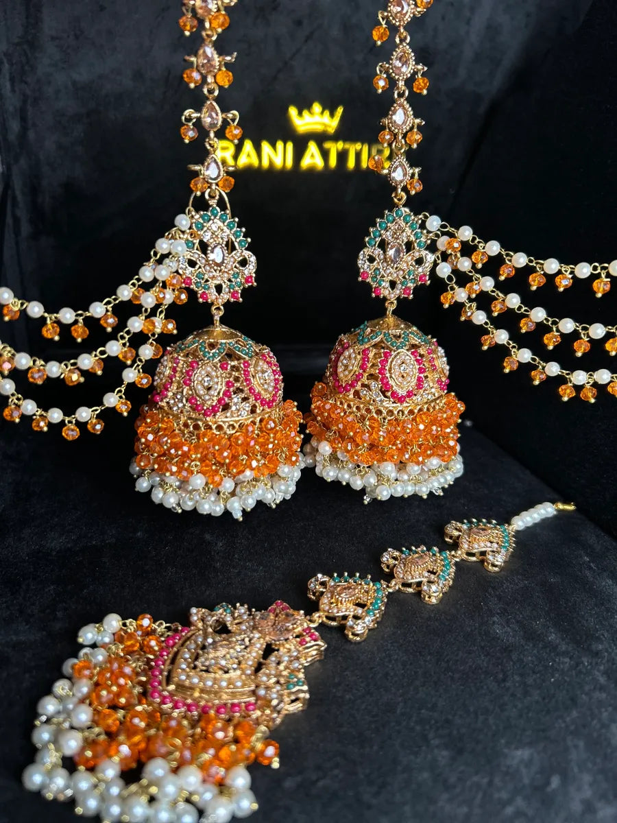 Orange Jhumke & Tikka Set with Beaded Saharas. - Jewelsbyrani