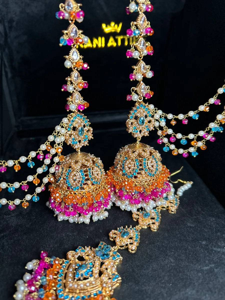Hot pink, Orange & Baby blue Multi Coloured Jhumkes & Tikka Set - Jewelsbyrani