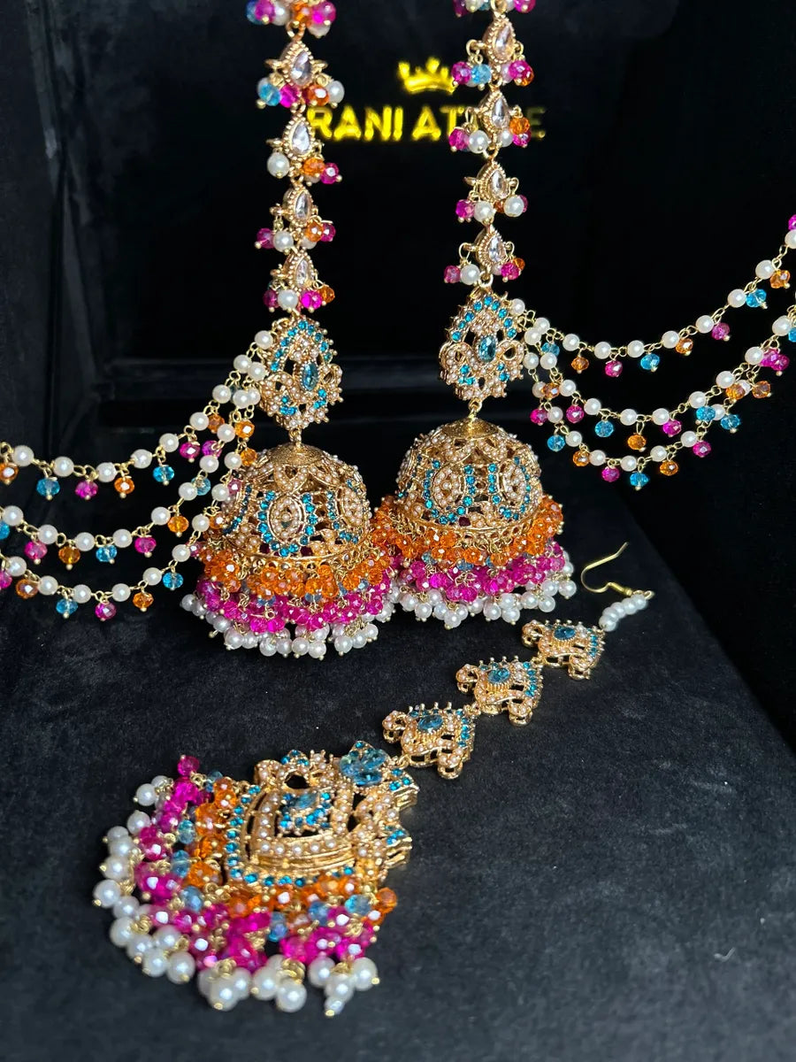 Hot pink, Orange & Baby blue Multi Coloured Jhumkes & Tikka Set - Jewelsbyrani