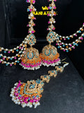Hot pink, Orange & Baby blue Multi Coloured Jhumkes & Tikka Set - Jewelsbyrani