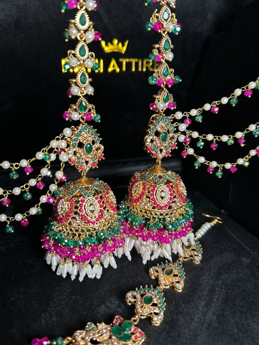 Green & Hot Pink Multi Coloured Jhumkes & Tikka Set
