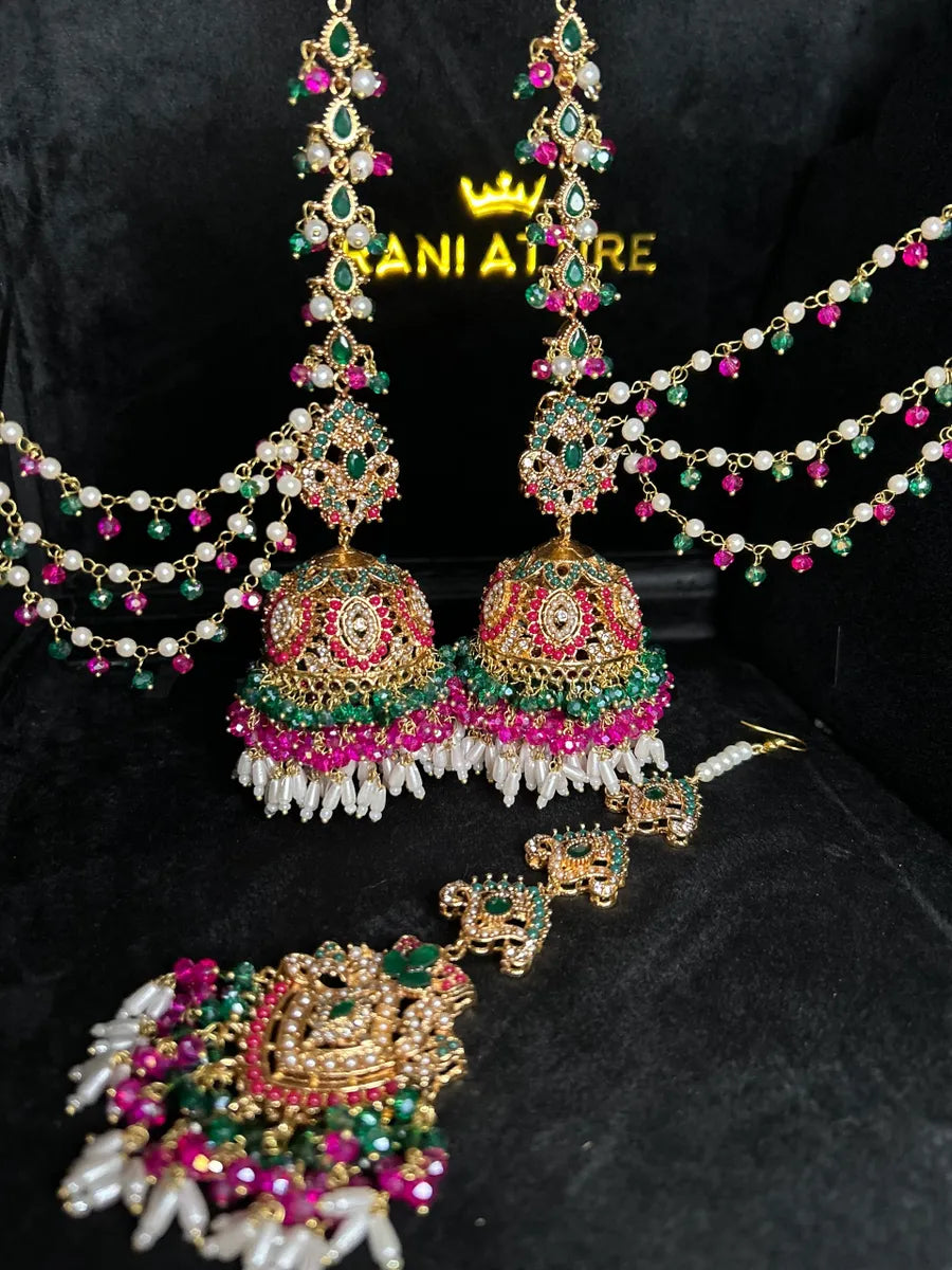 Green & Hot Pink Multi Coloured Jhumkes & Tikka Set - Jewelsbyrani