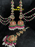 Green & Hot Pink Multi Coloured Jhumkes & Tikka Set - Jewelsbyrani