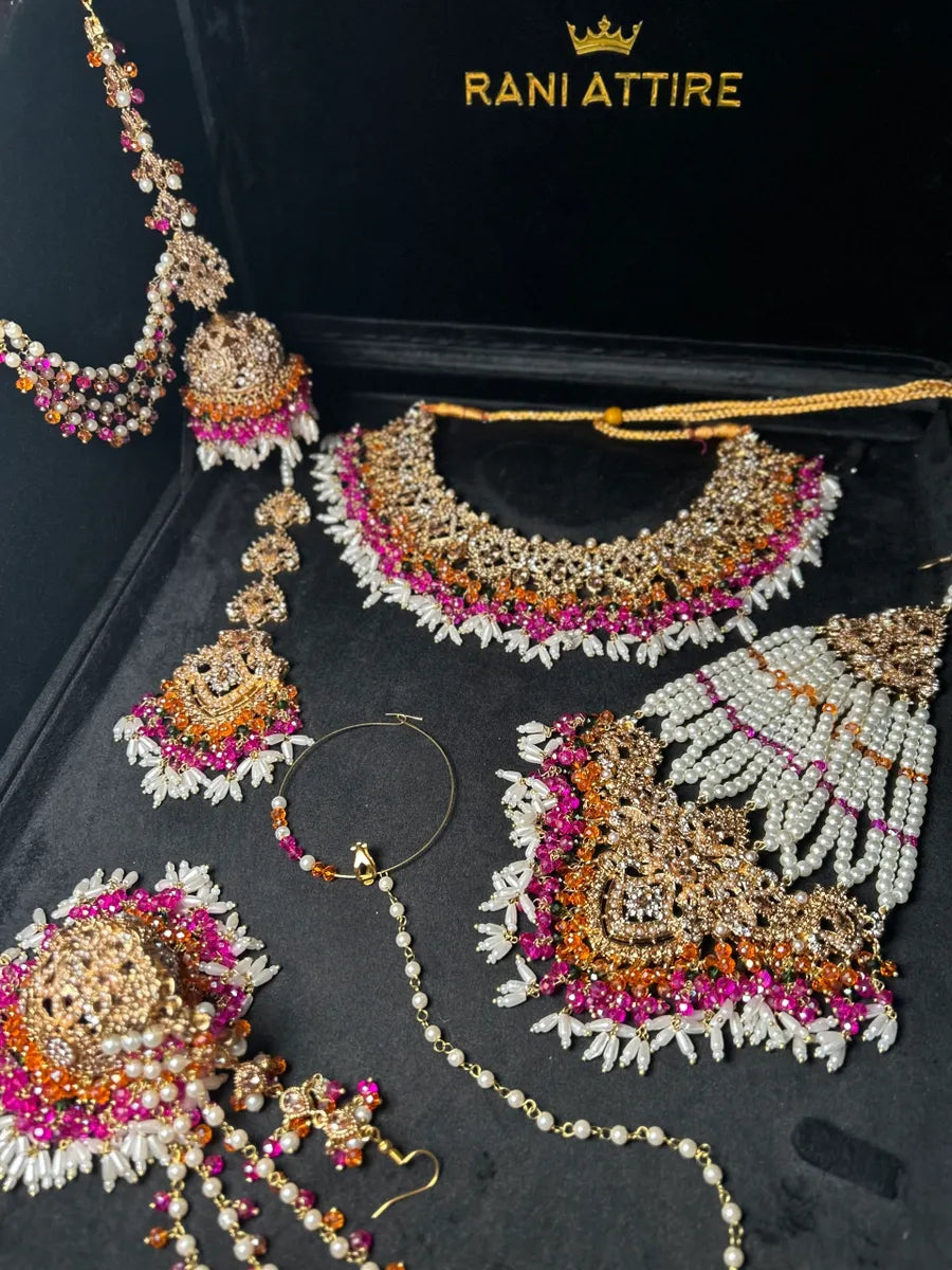 Multi coloured necklace set, with heavily beaded Jhumkies & tikka | Gold Stones