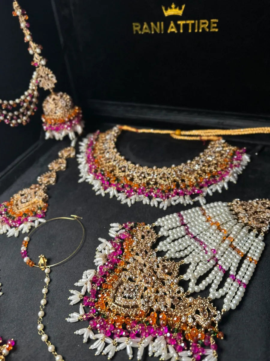 Multi coloured necklace set, with heavily beaded Jhumkies & tikka | Gold Stones - Jewelsbyrani