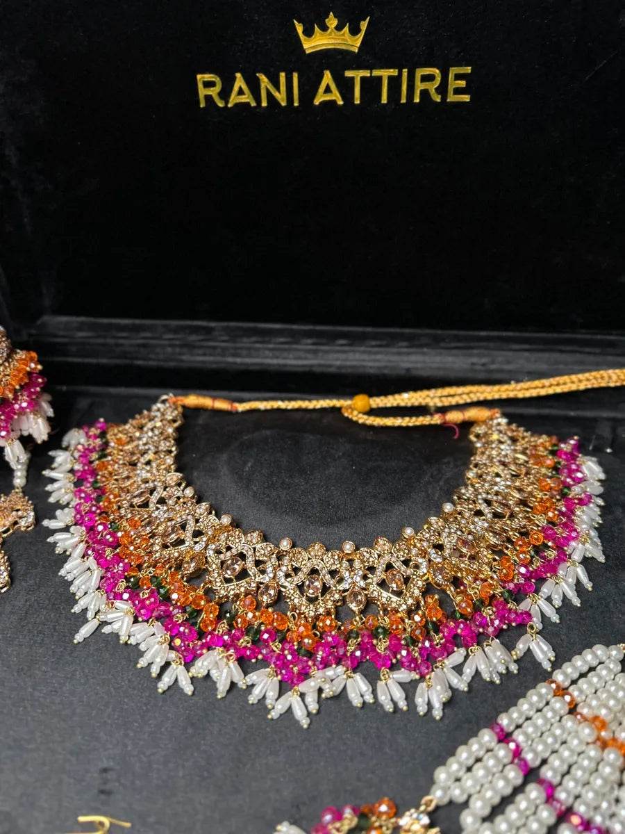 Multi coloured necklace set, with heavily beaded Jhumkies & tikka | Gold Stones - Jewelsbyrani