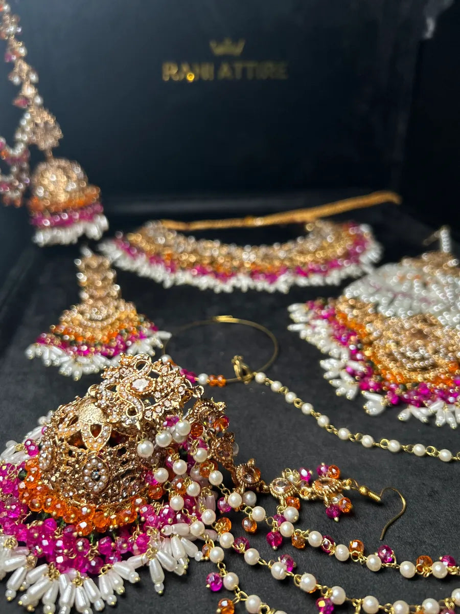 Multi coloured necklace set, with heavily beaded Jhumkies & tikka | Gold Stones - Jewelsbyrani