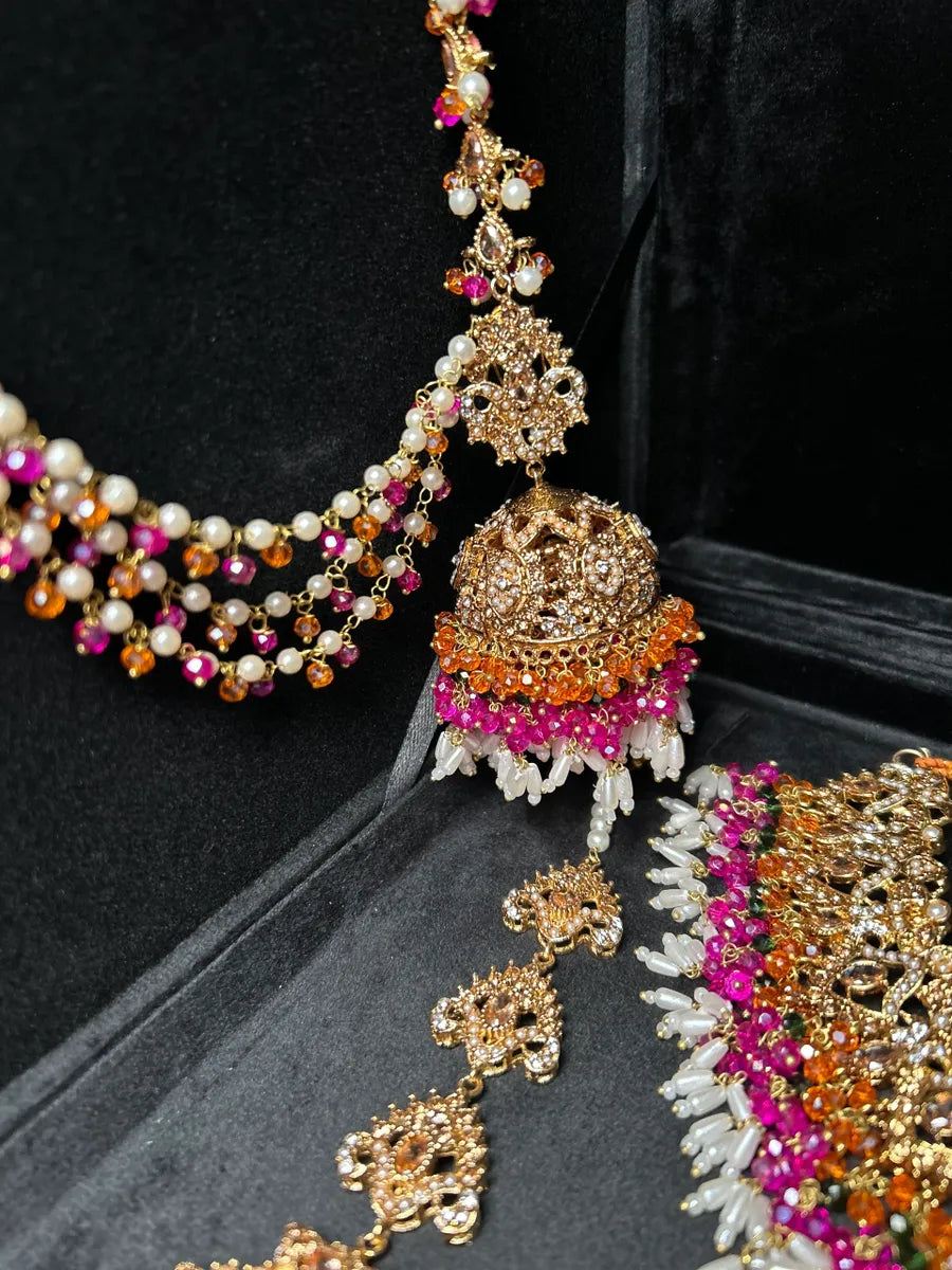 Multi coloured necklace set, with heavily beaded Jhumkies & tikka | Gold Stones