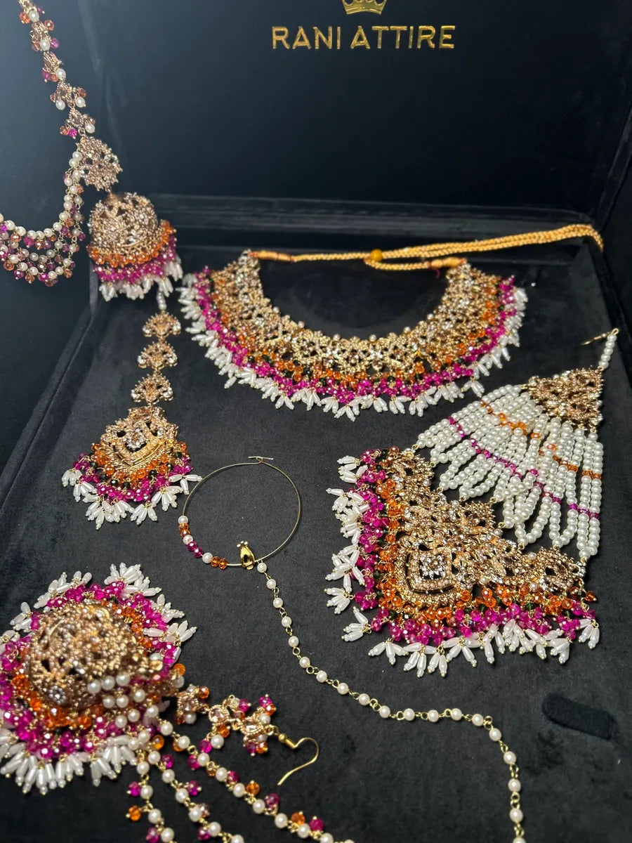 Multi coloured necklace set, with heavily beaded Jhumkies & tikka | Gold Stones