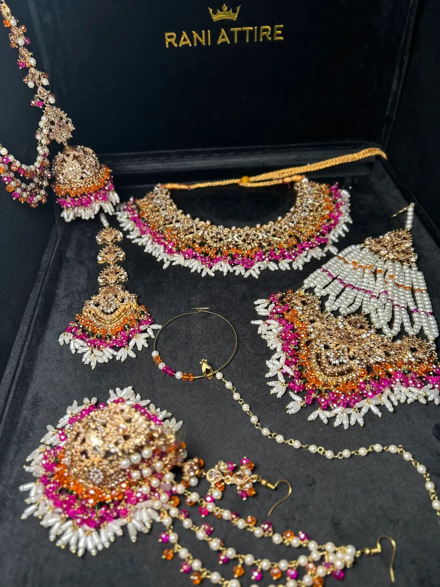 Multi coloured necklace set, with heavily beaded Jhumkies & tikka | Gold Stones