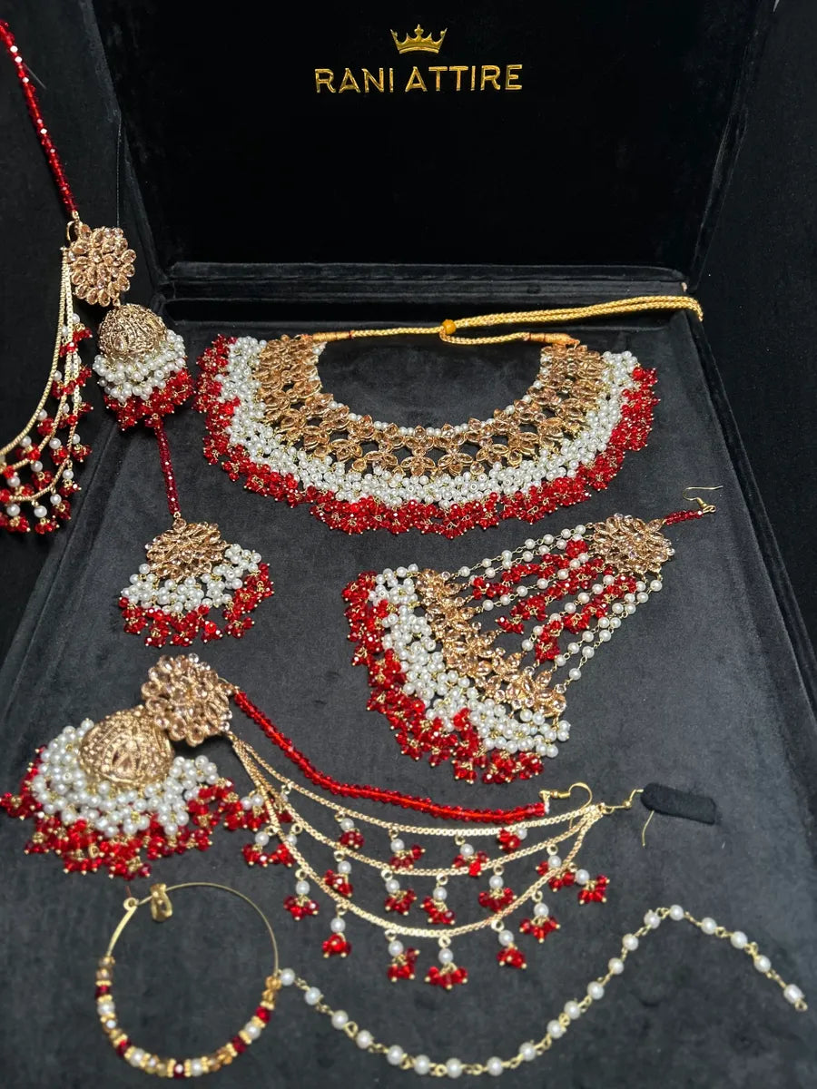 Red & Gold Necklace set, with heavily beaded Earrings & tikka - Jewelsbyrani